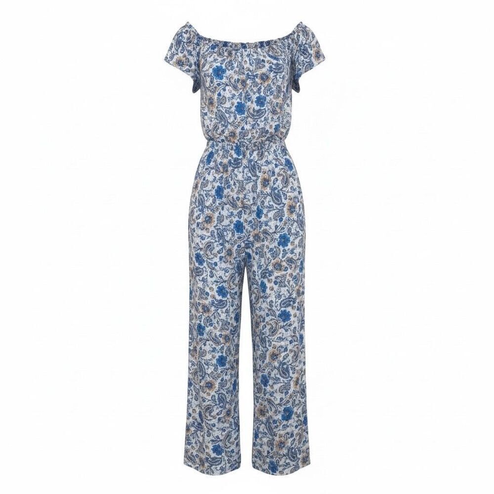 NWOT Patrons of Peace Floral Off the Shoulder‎ Smocked Jumpsuit Blue Size Small